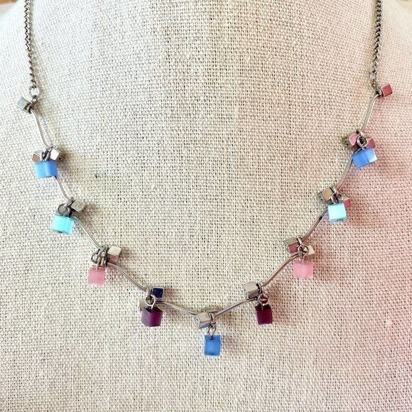 Pretty Silver-tone Cat's Eye Cube Articulating Necklace By Lia Sophia⎜ EUC - Picture 1 of 5